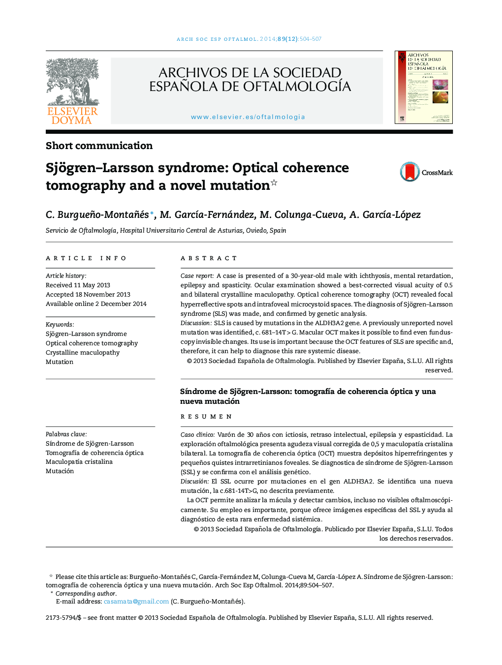 Sjögren–Larsson syndrome: Optical coherence tomography and a novel mutation 