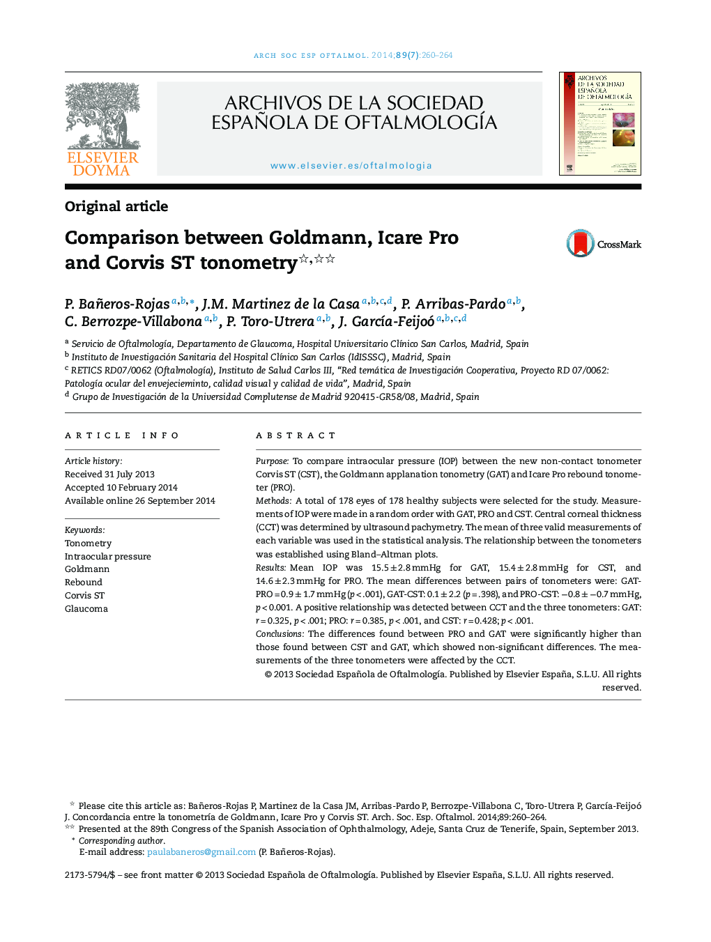 Comparison between Goldmann, Icare Pro and Corvis ST tonometry 
