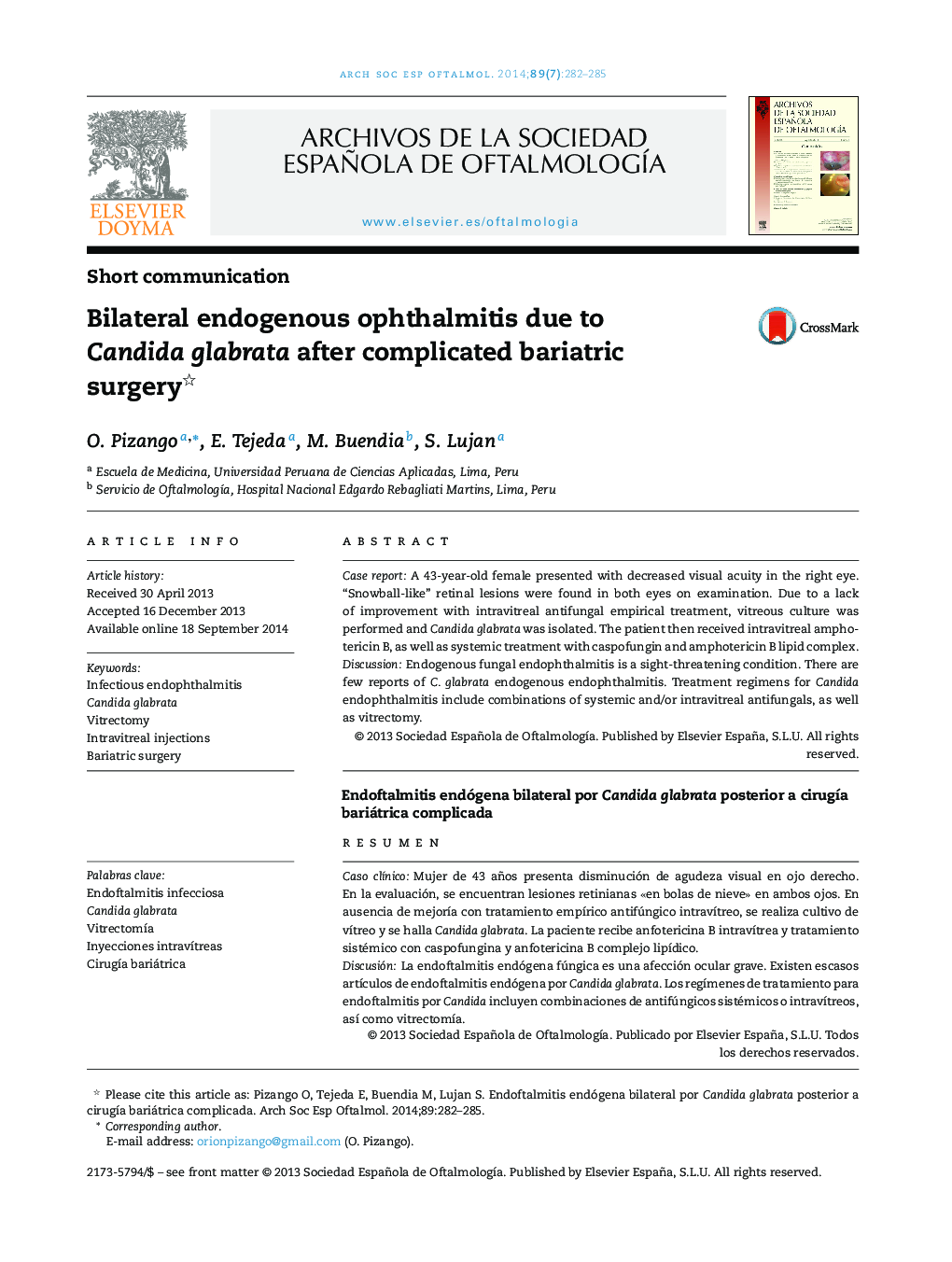 Bilateral endogenous ophthalmitis due to Candida glabrata after complicated bariatric surgery 