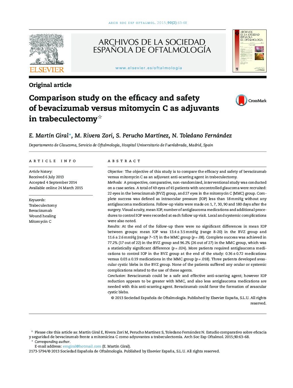 Comparison study on the efficacy and safety of bevacizumab versus mitomycin C as adjuvants in trabeculectomy