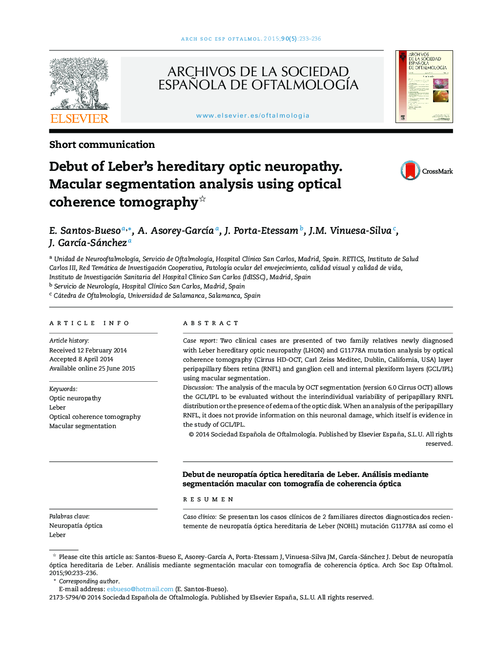 Debut of Leber's hereditary optic neuropathy. Macular segmentation analysis using optical coherence tomography 