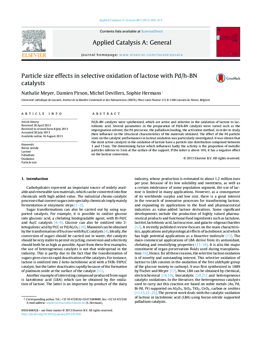 Particle size effects in selective oxidation of lactose with Pd/h-BN catalysts