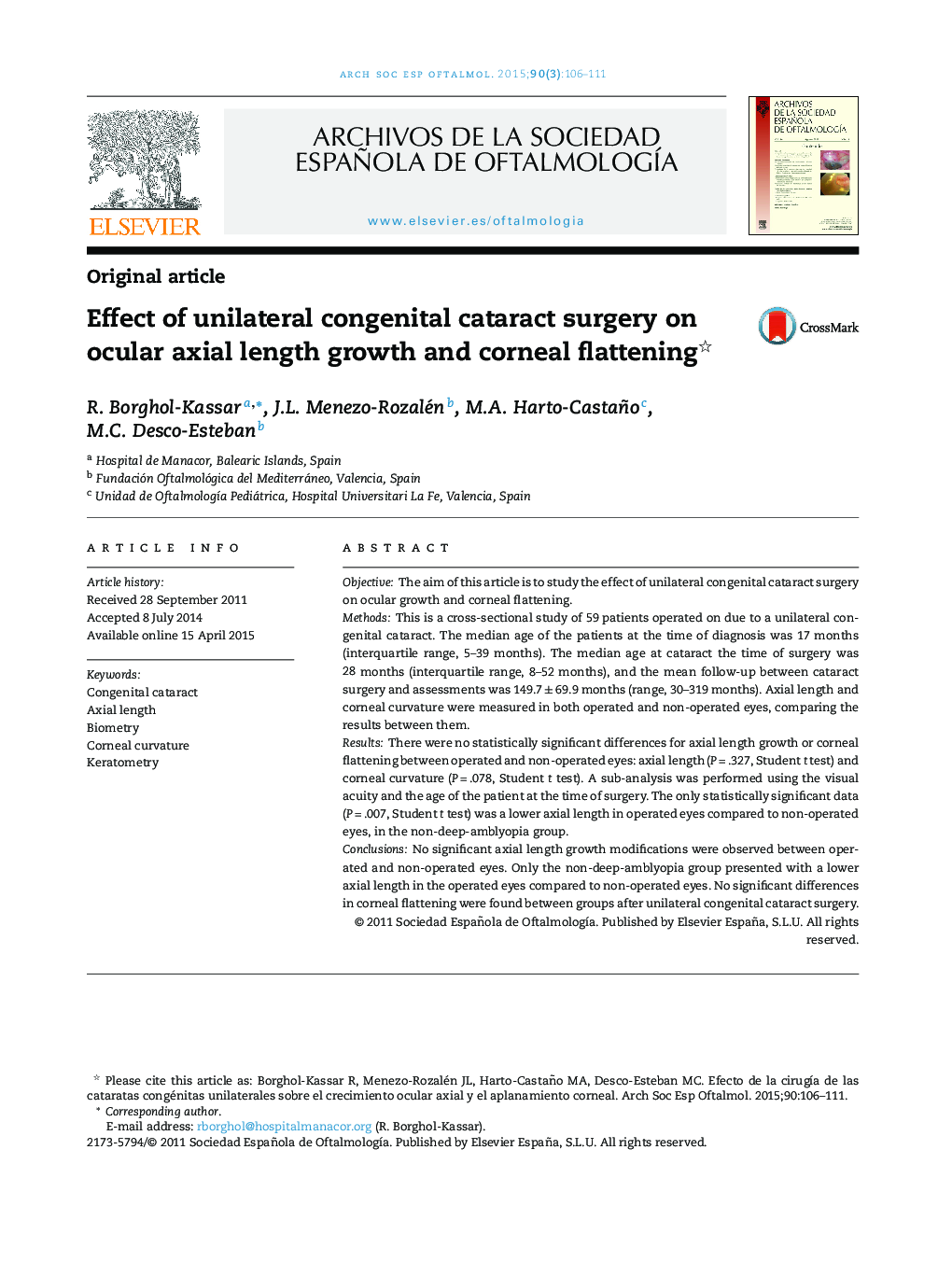 Effect of unilateral congenital cataract surgery on ocular axial length growth and corneal flattening 