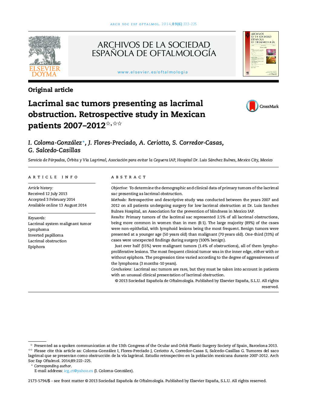 Lacrimal sac tumors presenting as lacrimal obstruction. Retrospective study in Mexican patients 2007-2012