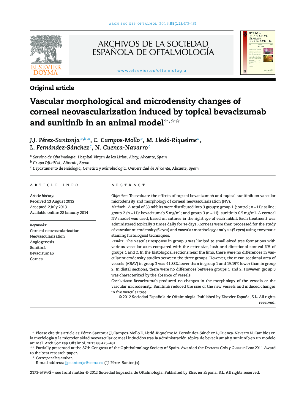 Vascular morphological and microdensity changes of corneal neovascularization induced by topical bevacizumab and sunitinib in an animal model 