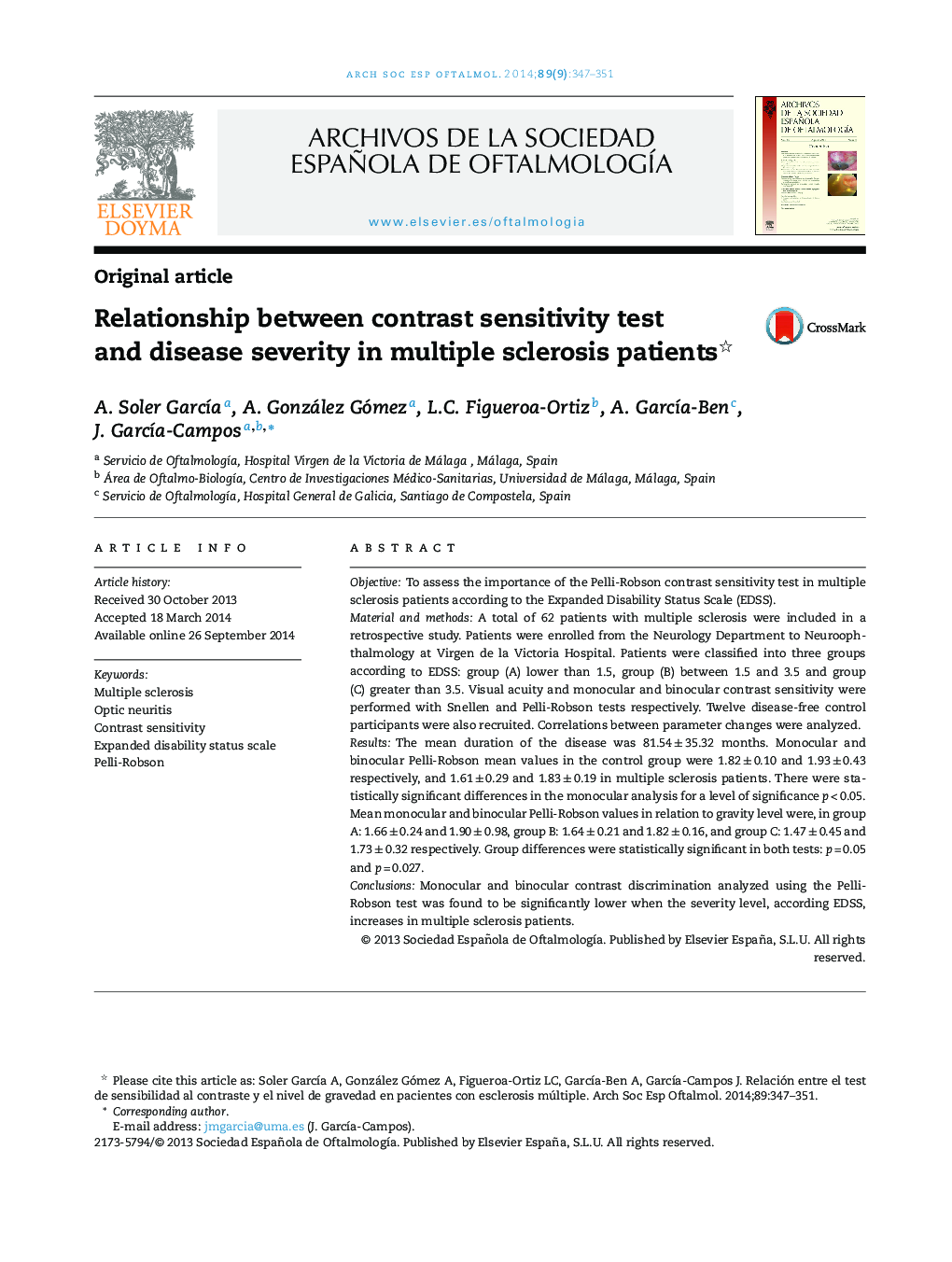 Relationship between contrast sensitivity test and disease severity in multiple sclerosis patients 