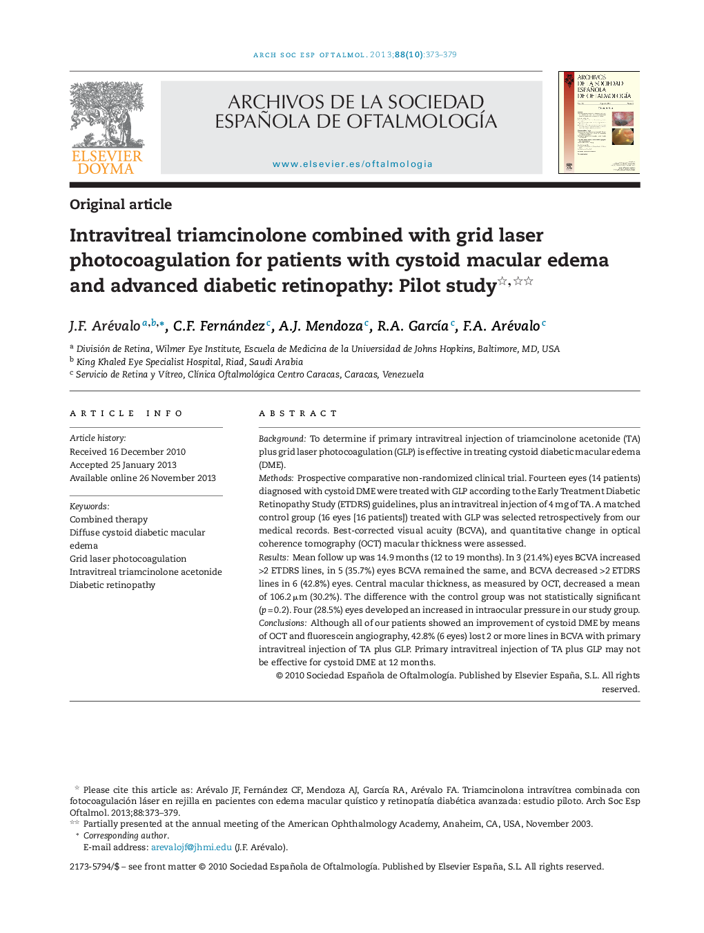 Intravitreal triamcinolone combined with grid laser photocoagulation for patients with cystoid macular edema and advanced diabetic retinopathy: Pilot study 