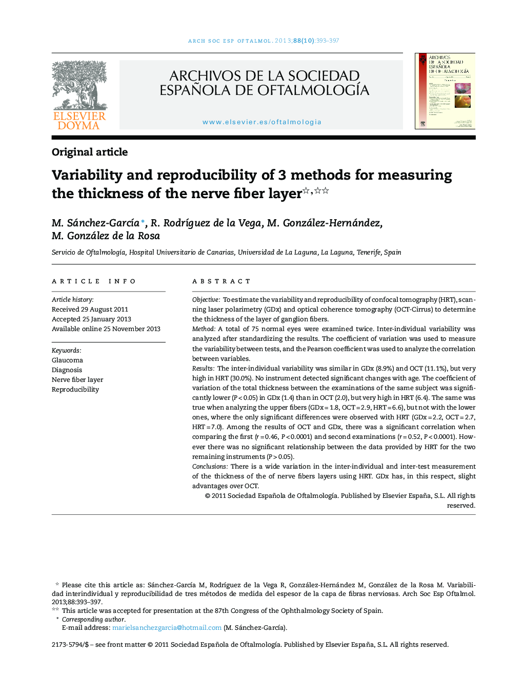 Variability and reproducibility of 3 methods for measuring the thickness of the nerve fiber layer 