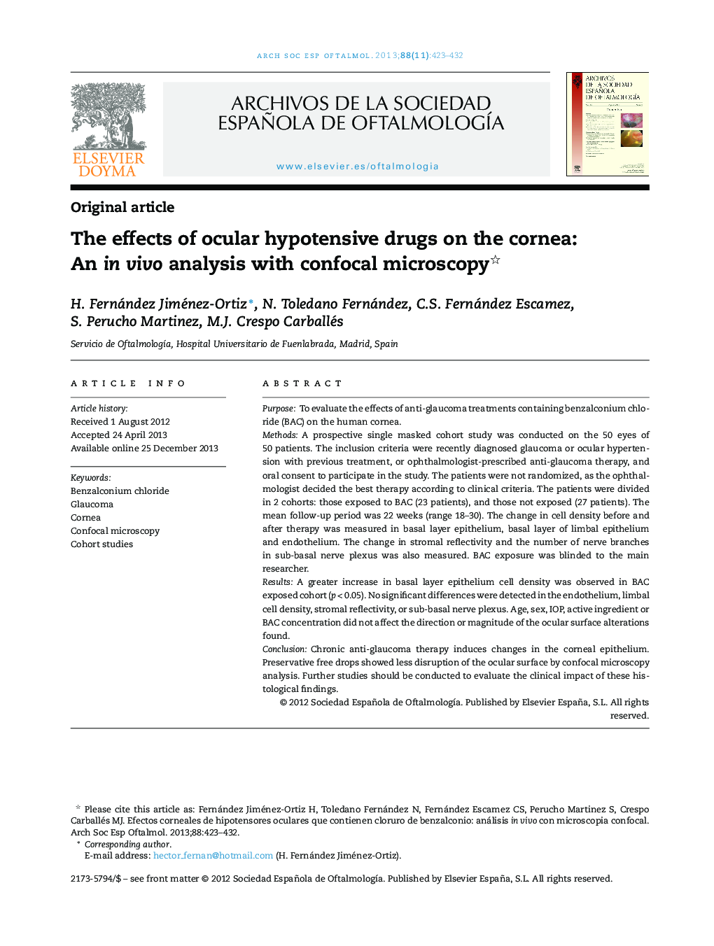 The effects of ocular hypotensive drugs on the cornea: An in vivo analysis with confocal microscopy 