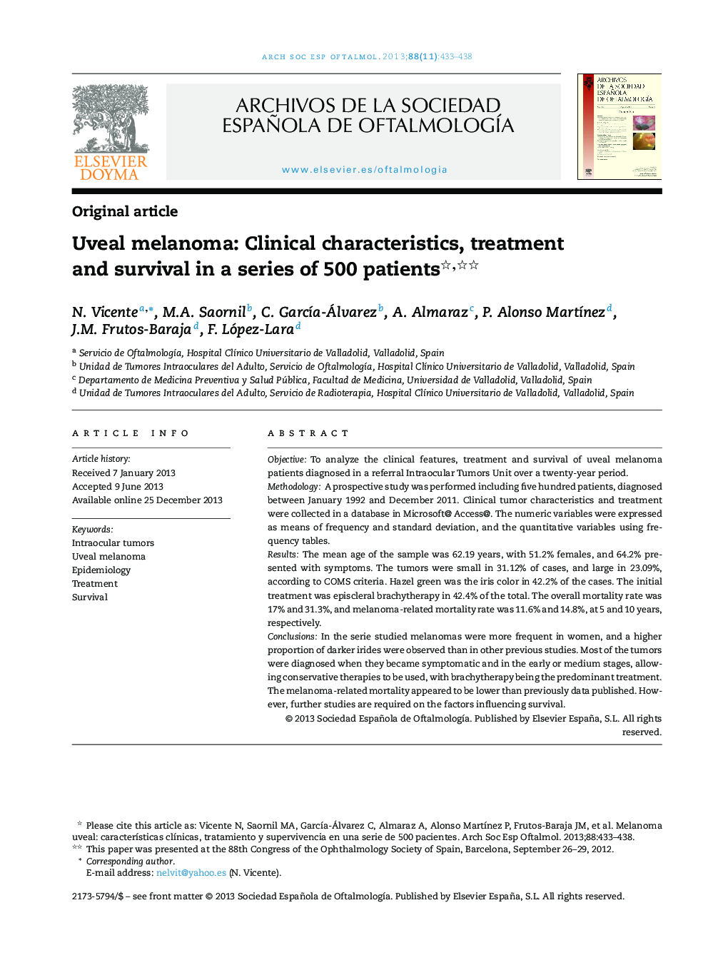 Uveal melanoma: Clinical characteristics, treatment and survival in a series of 500 patients 