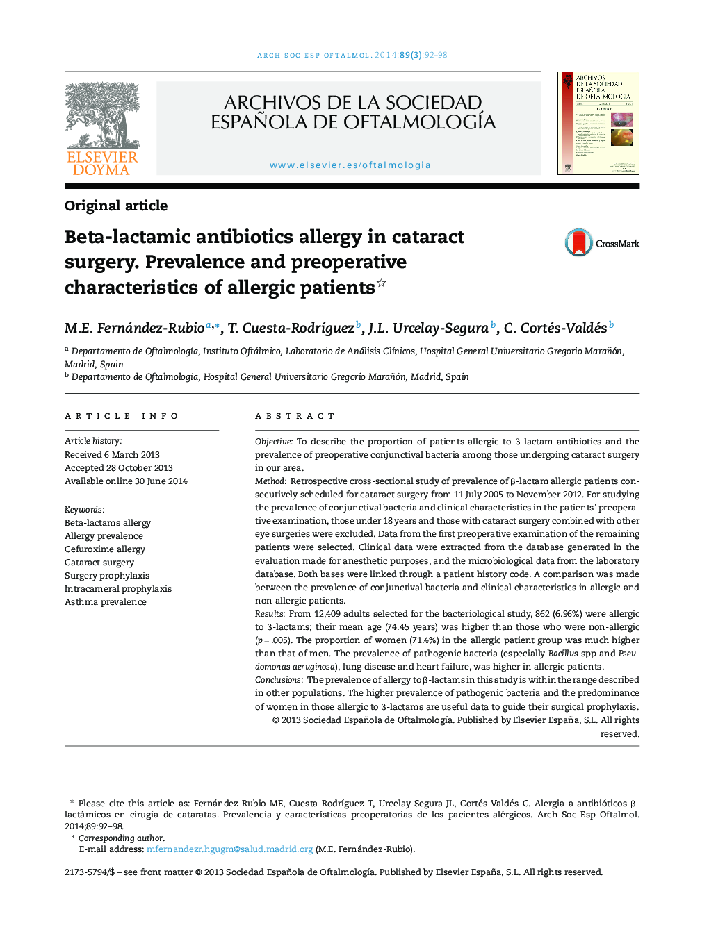 Beta-lactamic antibiotics allergy in cataract surgery. Prevalence and preoperative characteristics of allergic patients 