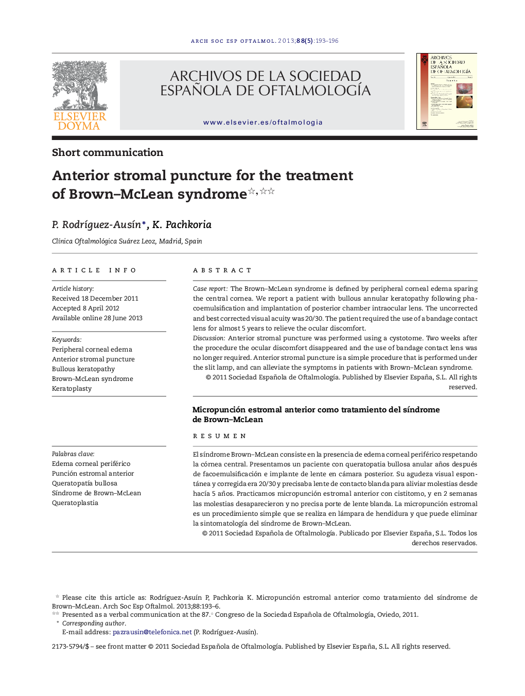 Anterior stromal puncture for the treatment of Brown-McLean syndrome