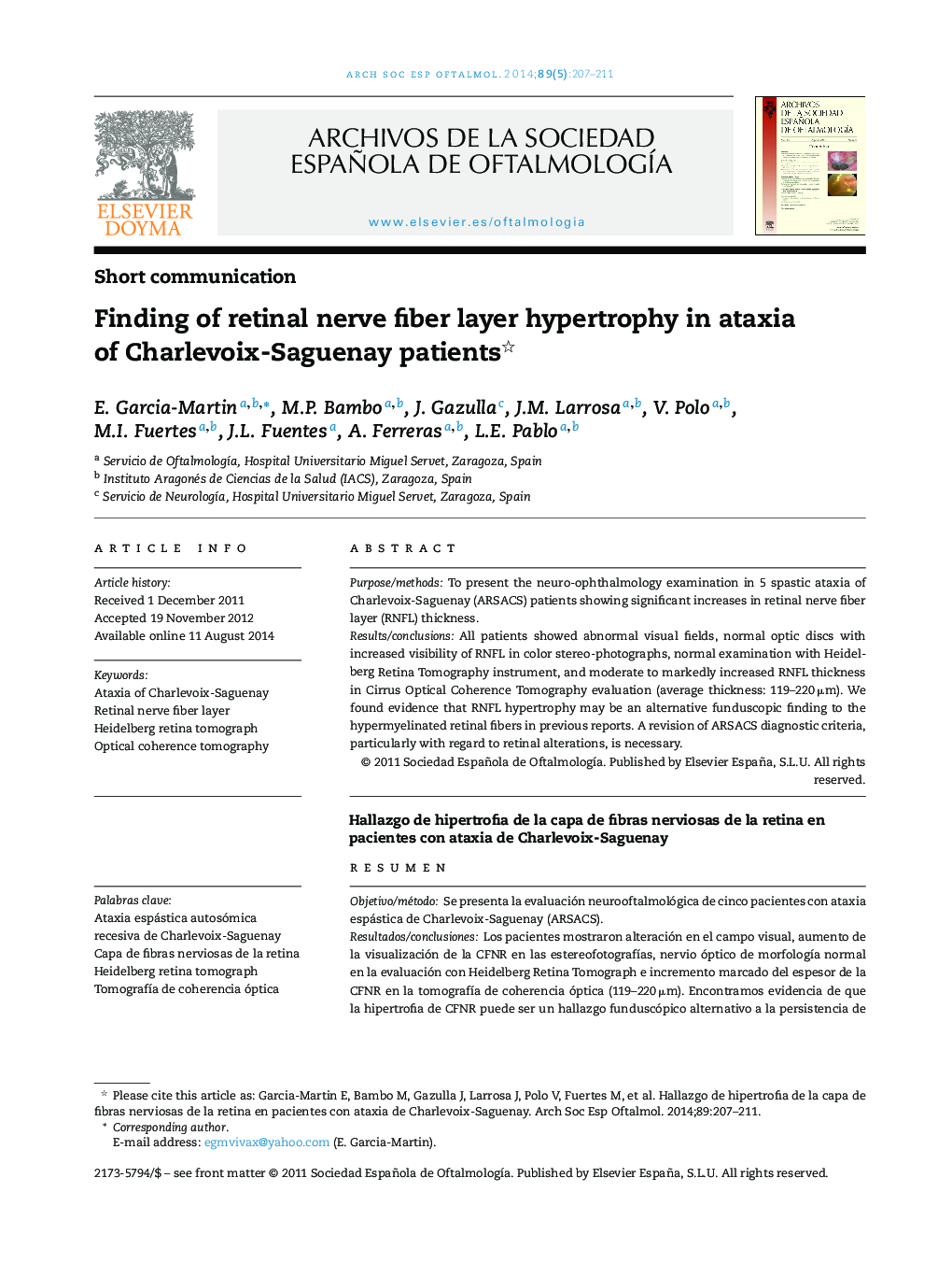 Finding of retinal nerve fiber layer hypertrophy in ataxia of Charlevoix-Saguenay patients