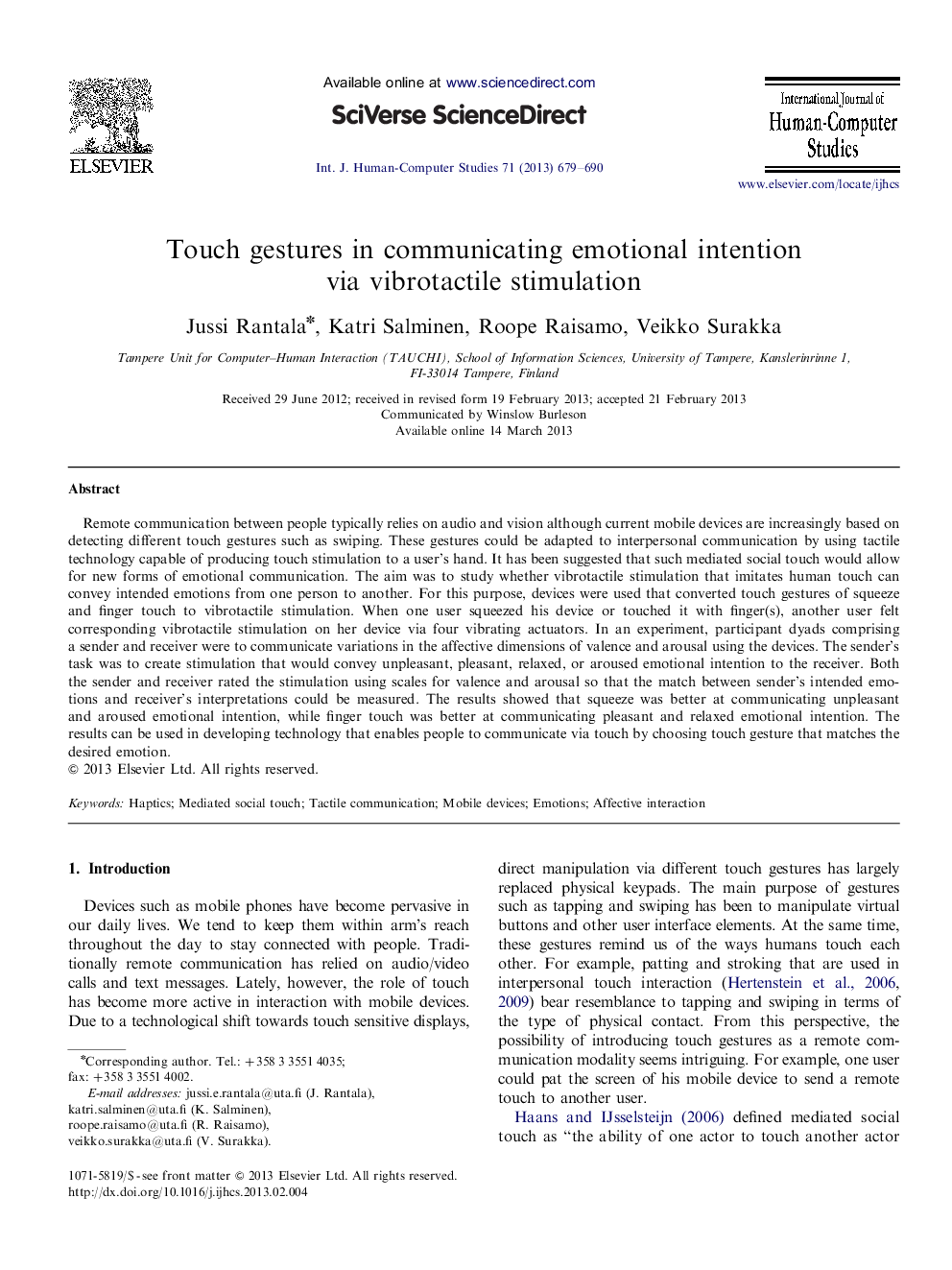 Touch gestures in communicating emotional intention via vibrotactile stimulation