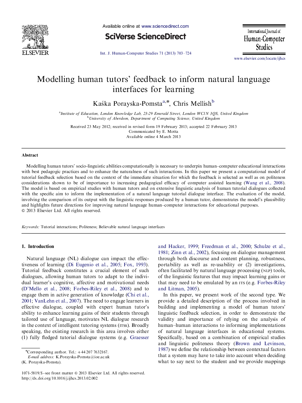 Modelling human tutors' feedback to inform natural language interfaces for learning