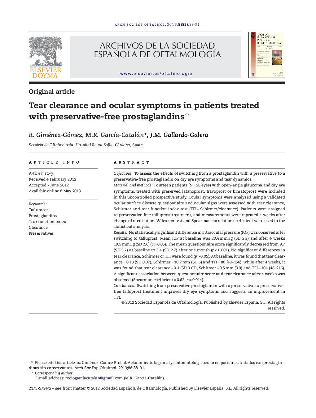 Tear clearance and ocular symptoms in patients treated with preservative-free prostaglandins 