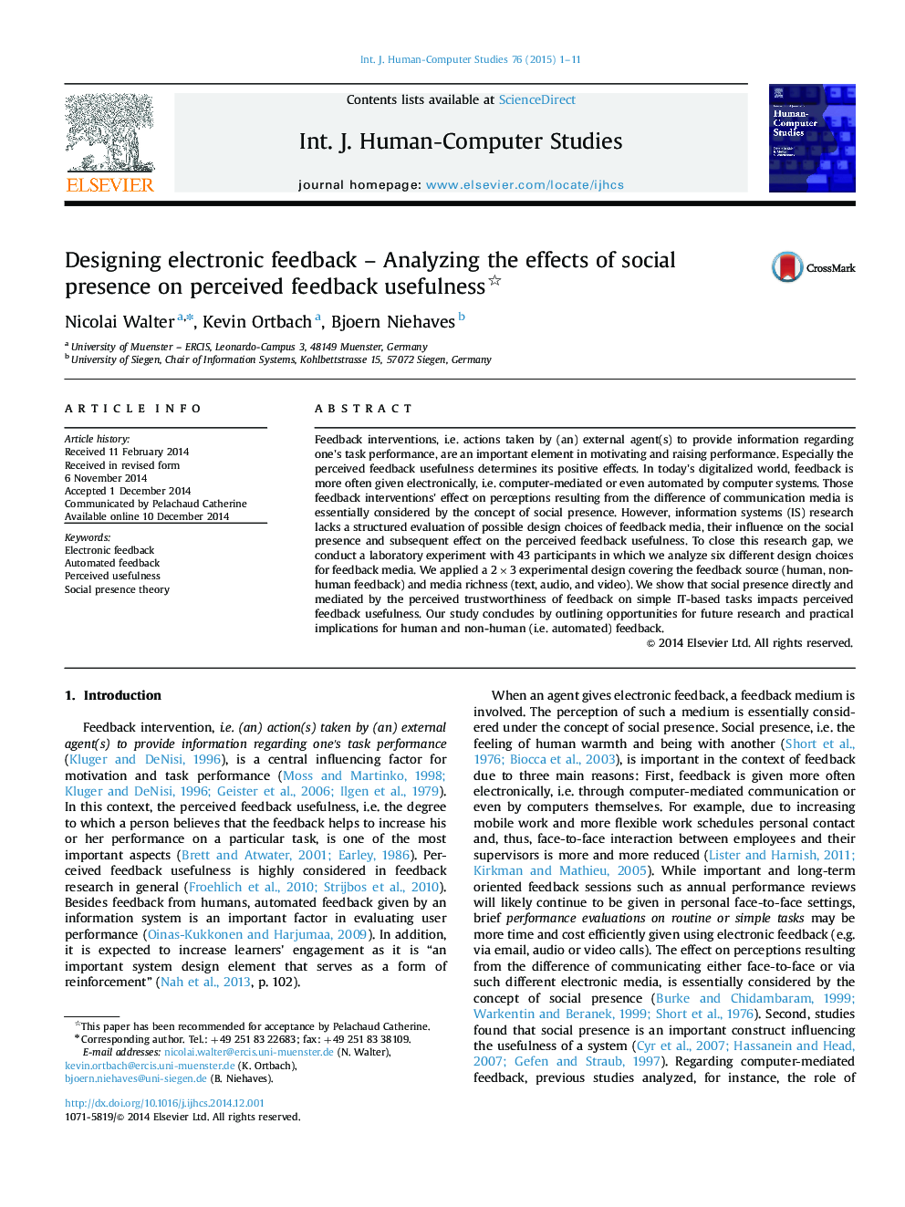 Designing electronic feedback – Analyzing the effects of social presence on perceived feedback usefulness 