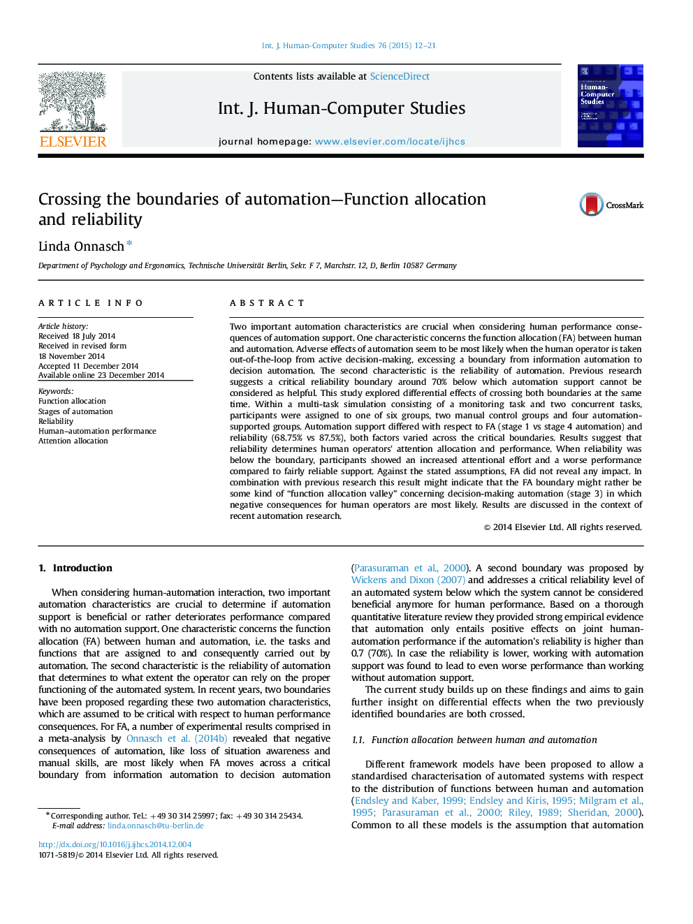 Crossing the boundaries of automation—Function allocation and reliability