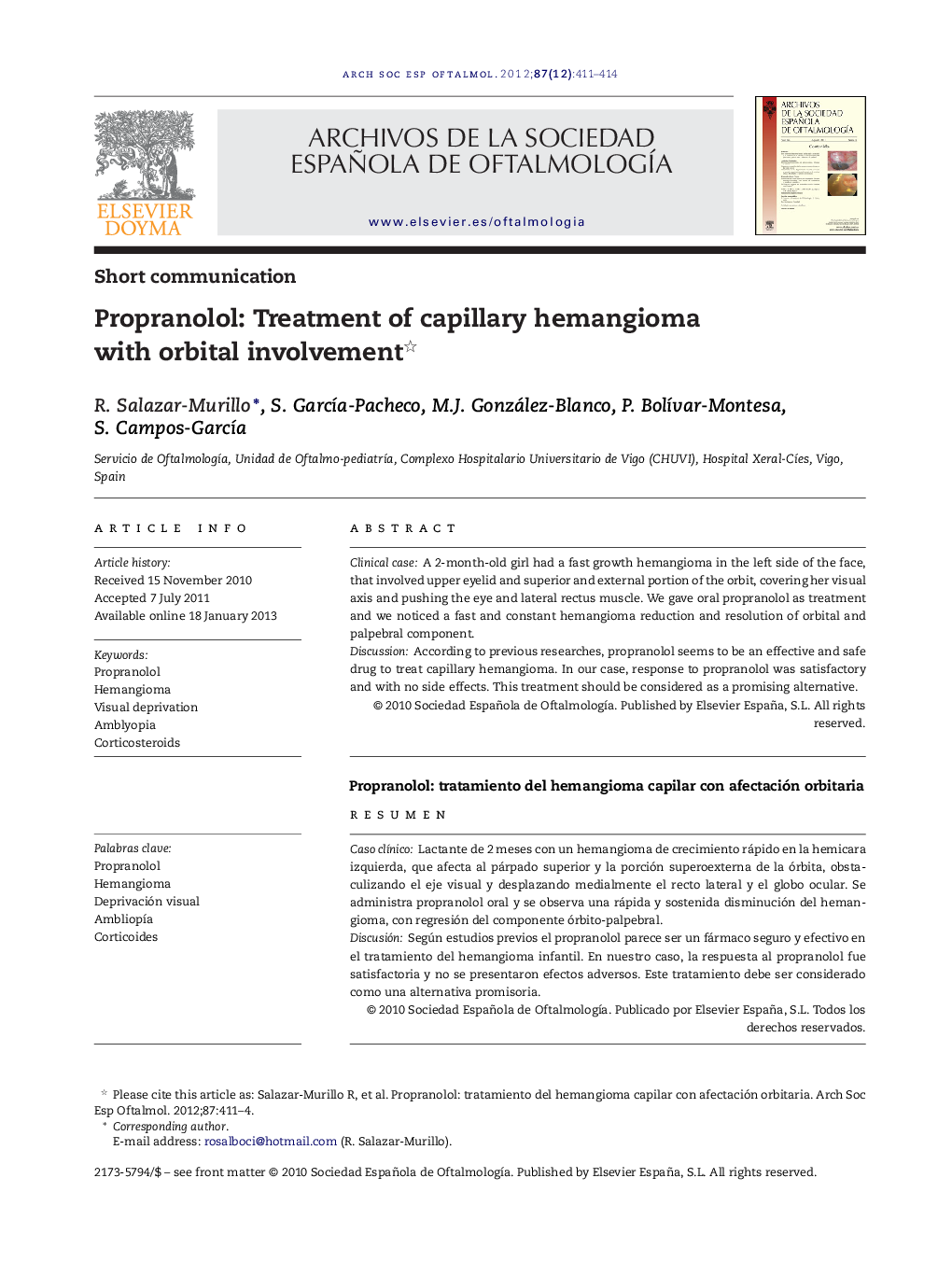 Propranolol: Treatment of capillary hemangioma with orbital involvement 