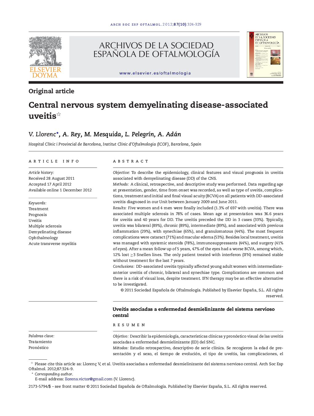 Central nervous system demyelinating disease-associated uveitis 