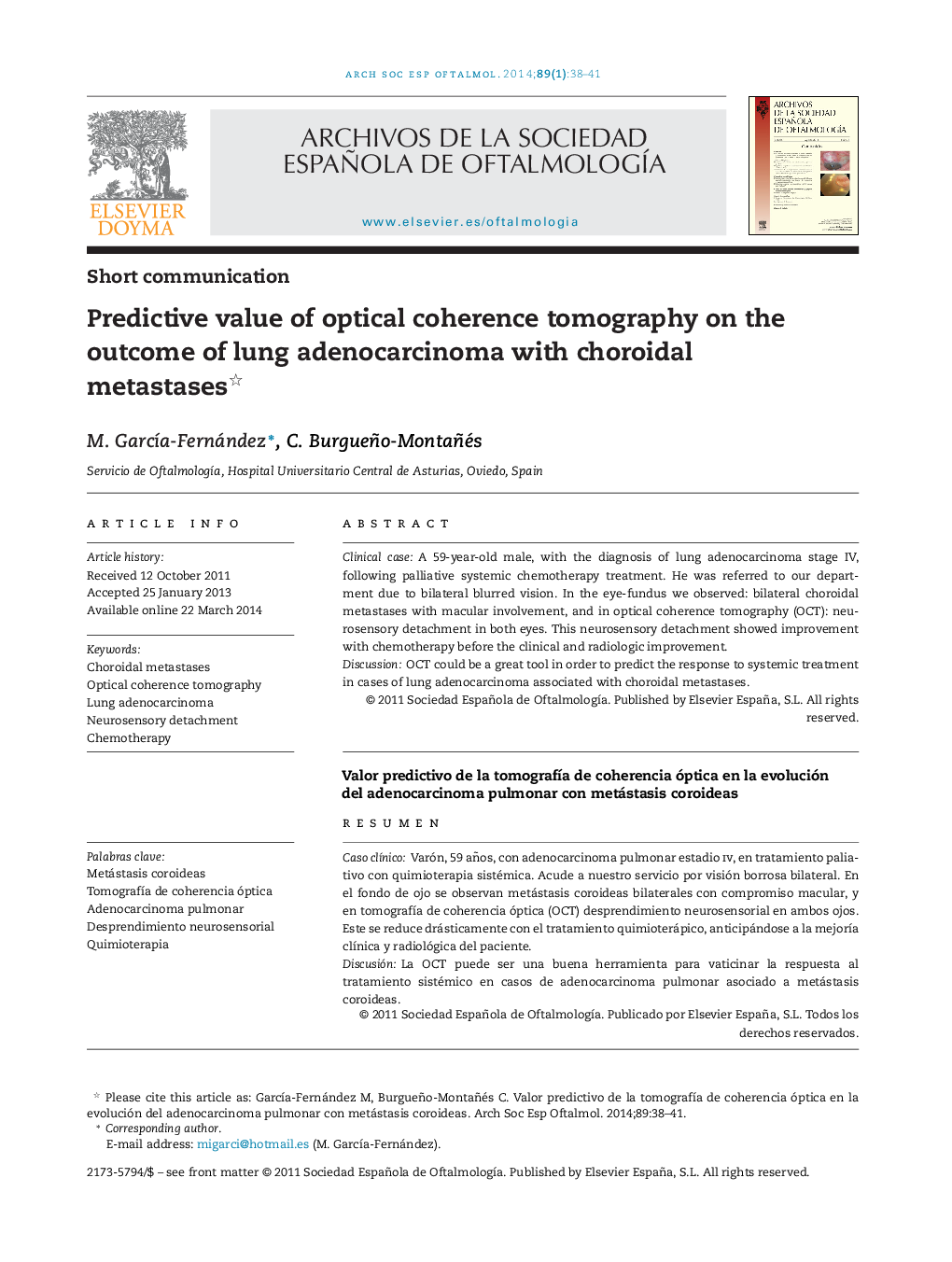 Predictive value of optical coherence tomography on the outcome of lung adenocarcinoma with choroidal metastases 