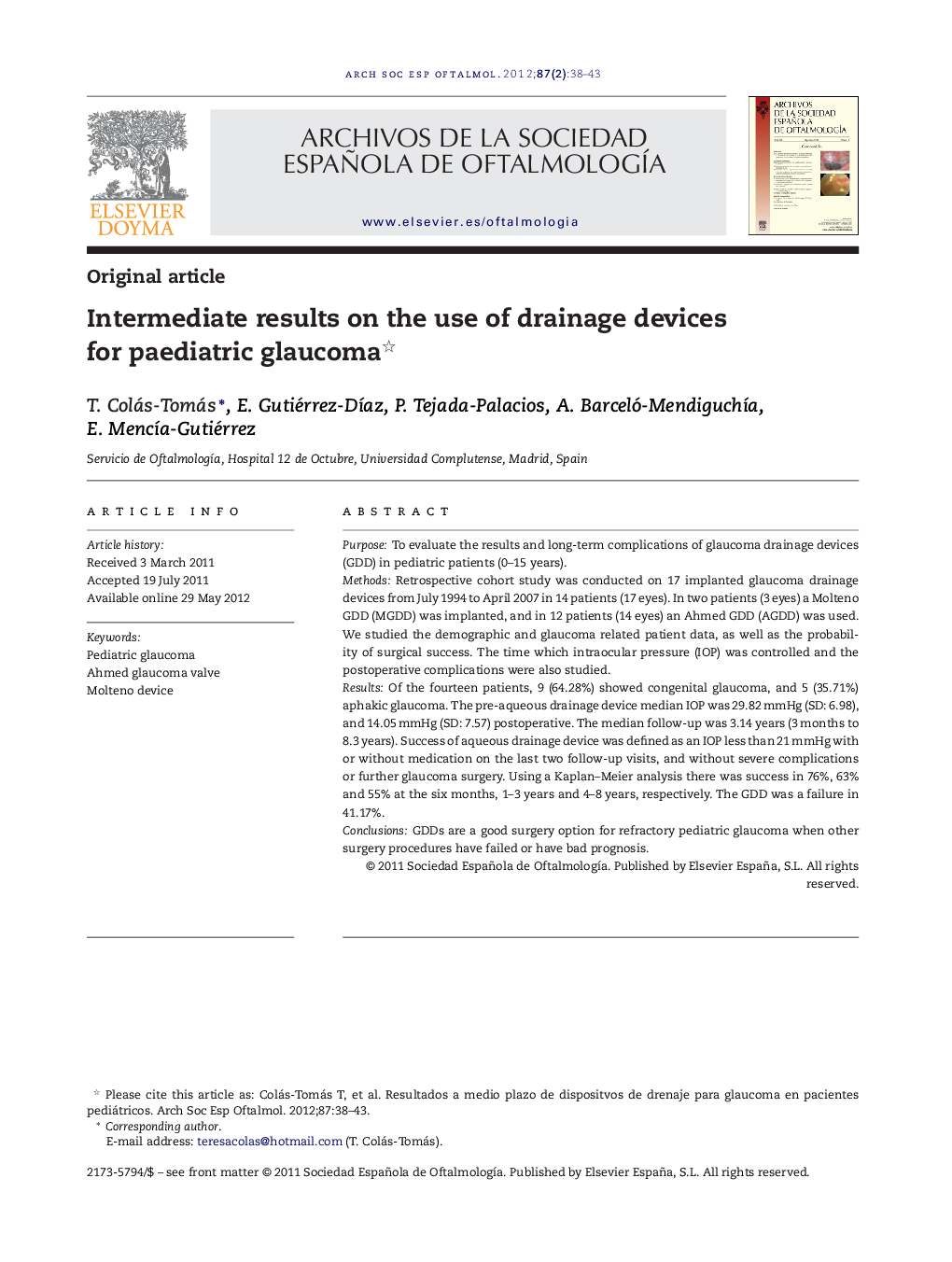 Intermediate results on the use of drainage devices for paediatric glaucoma 