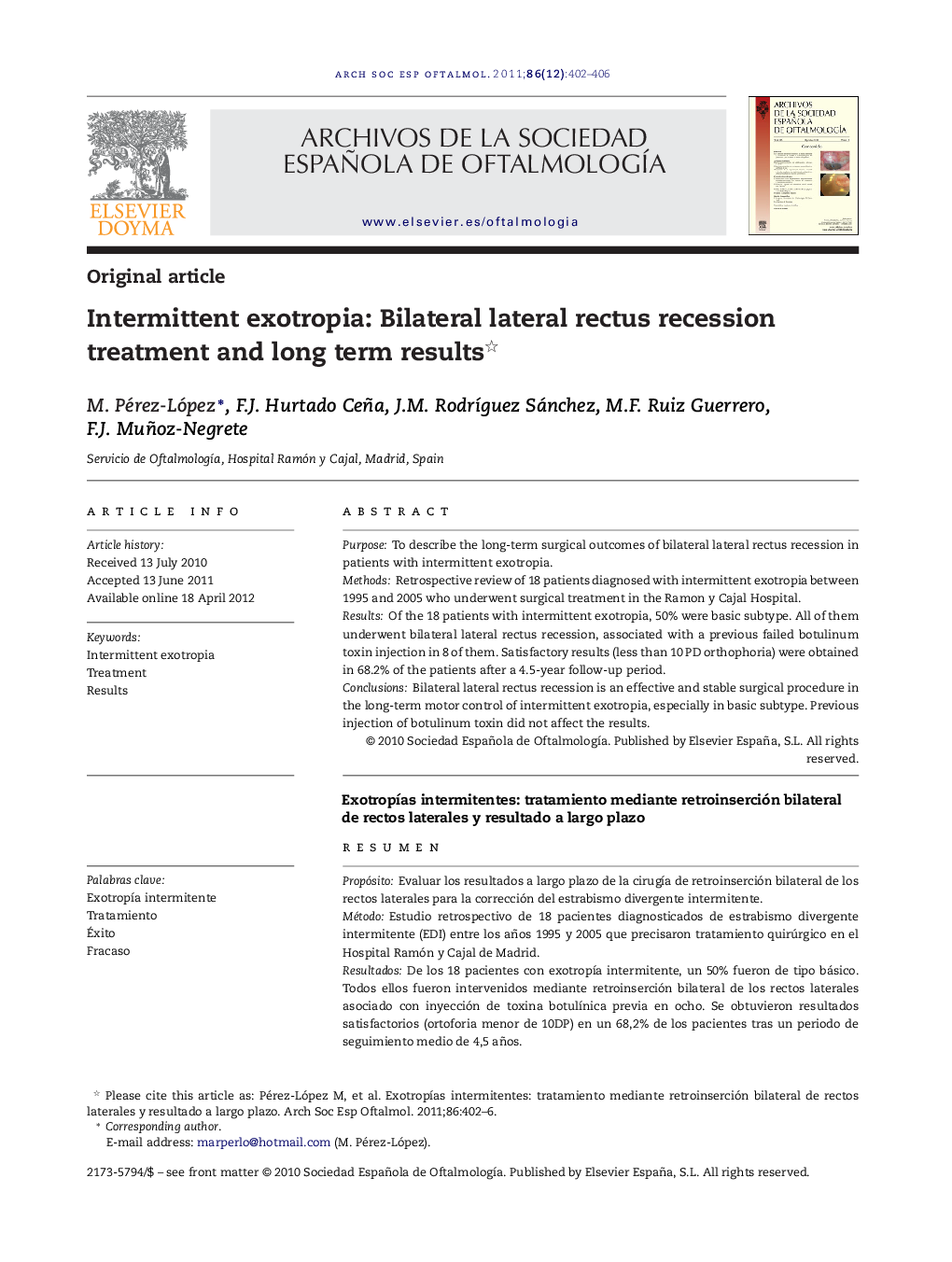 Intermittent exotropia: Bilateral lateral rectus recession treatment and long term results