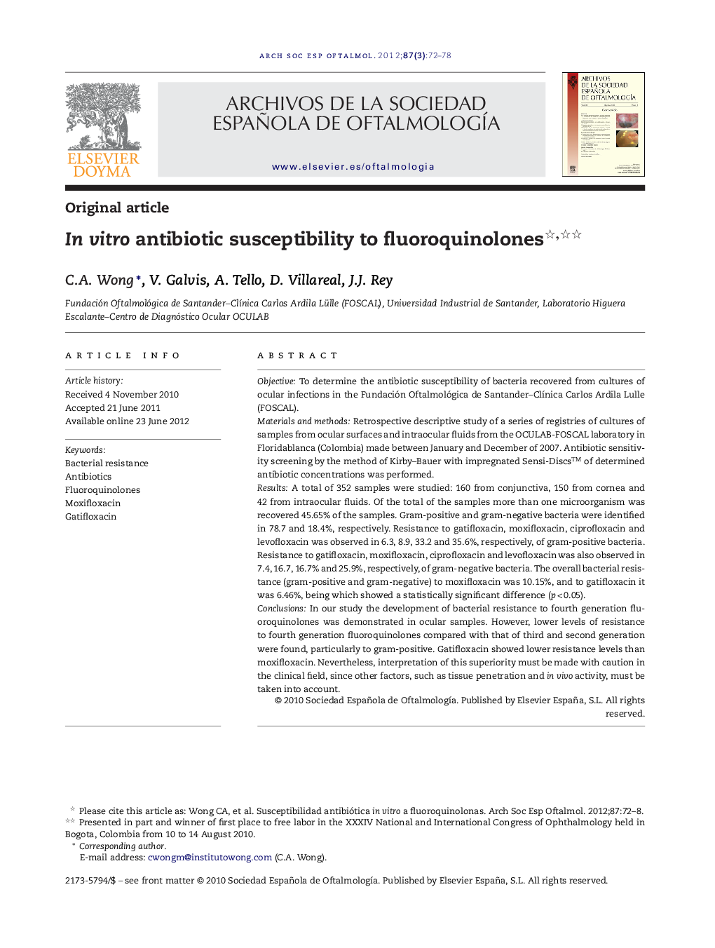 In vitro antibiotic susceptibility to fluoroquinolones