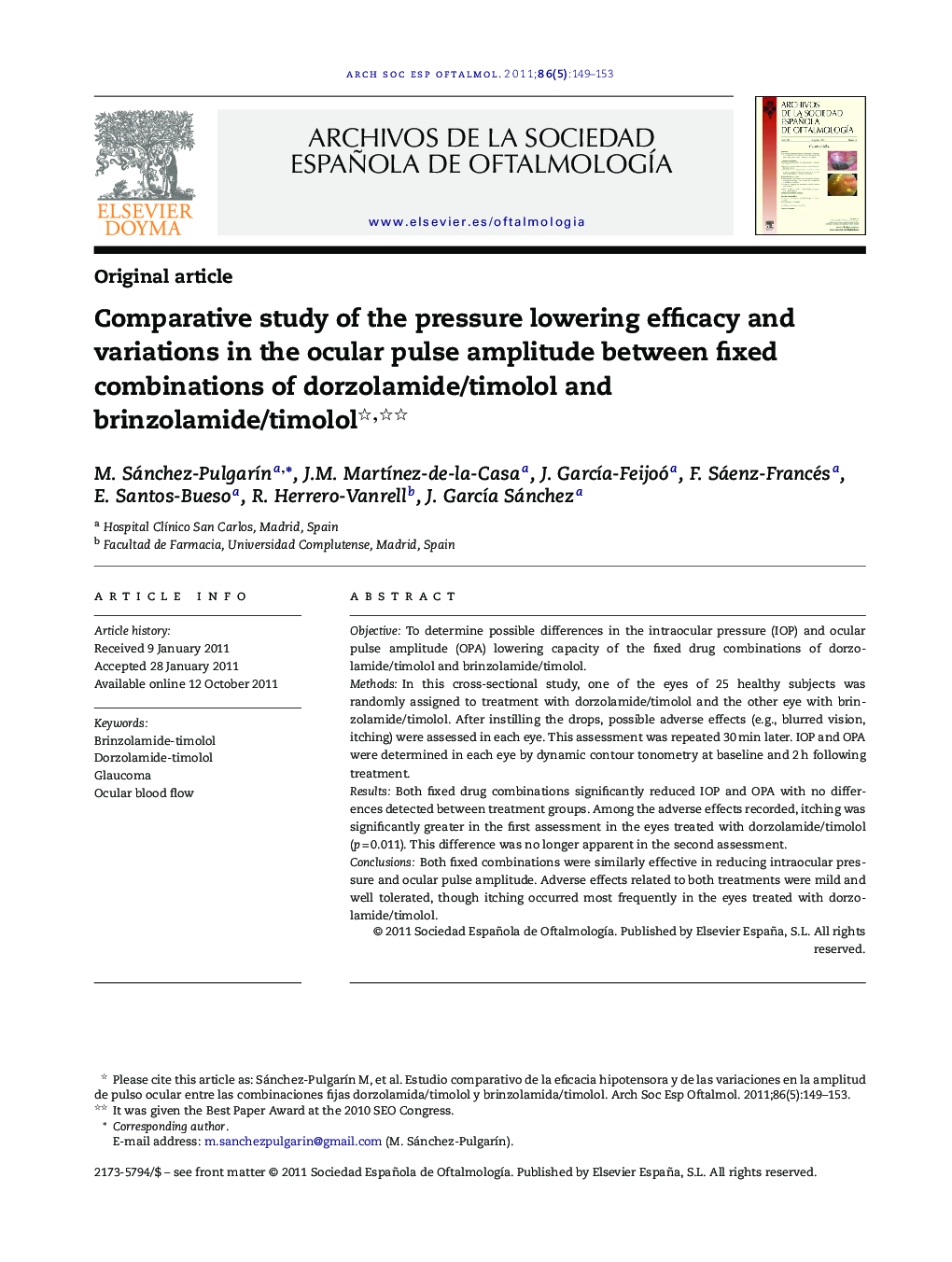 Comparative study of the pressure lowering efficacy and variations in the ocular pulse amplitude between fixed combinations of dorzolamide/timolol and brinzolamide/timolol 