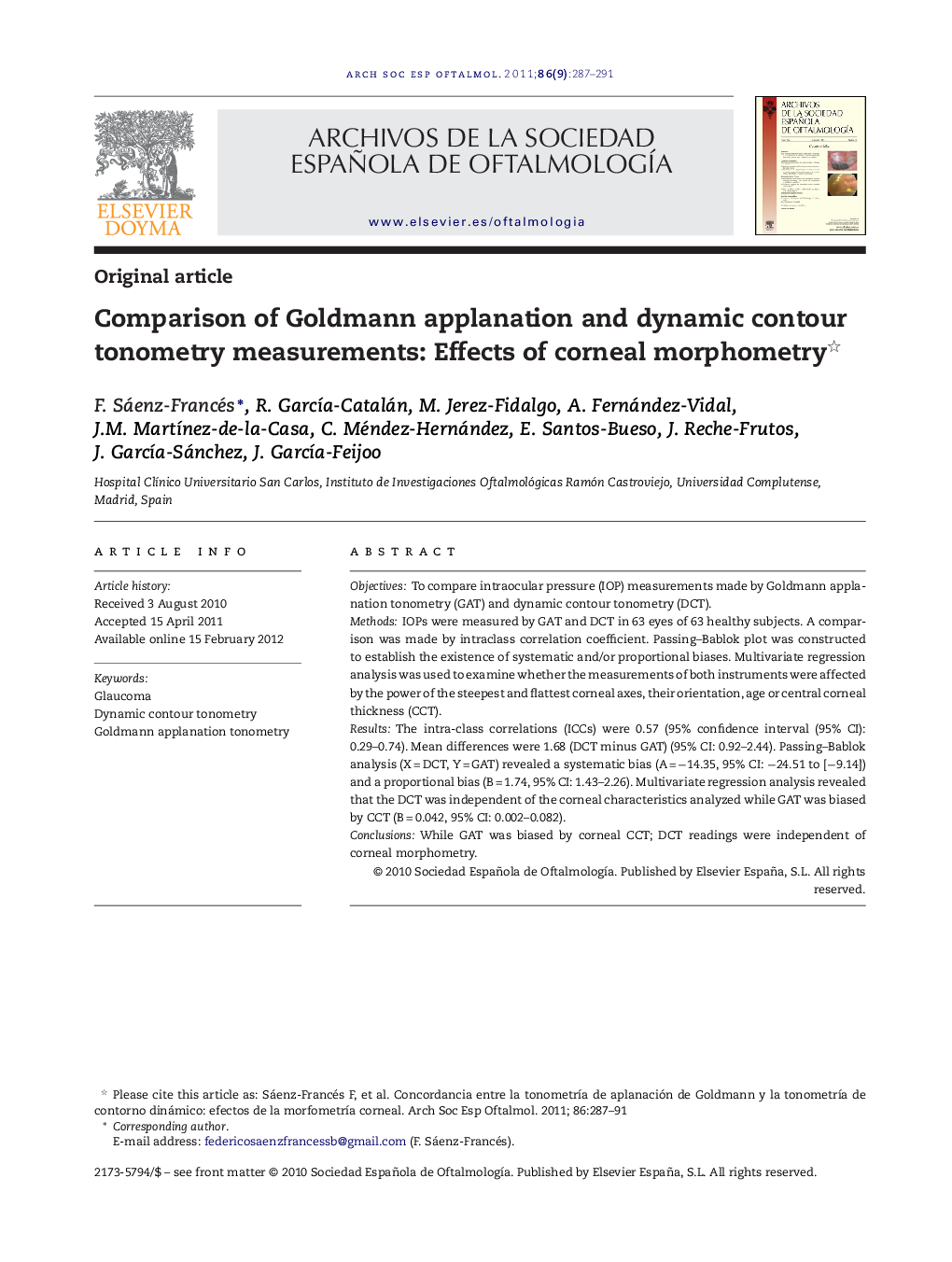 Comparison of Goldmann applanation and dynamic contour tonometry measurements: Effects of corneal morphometry 