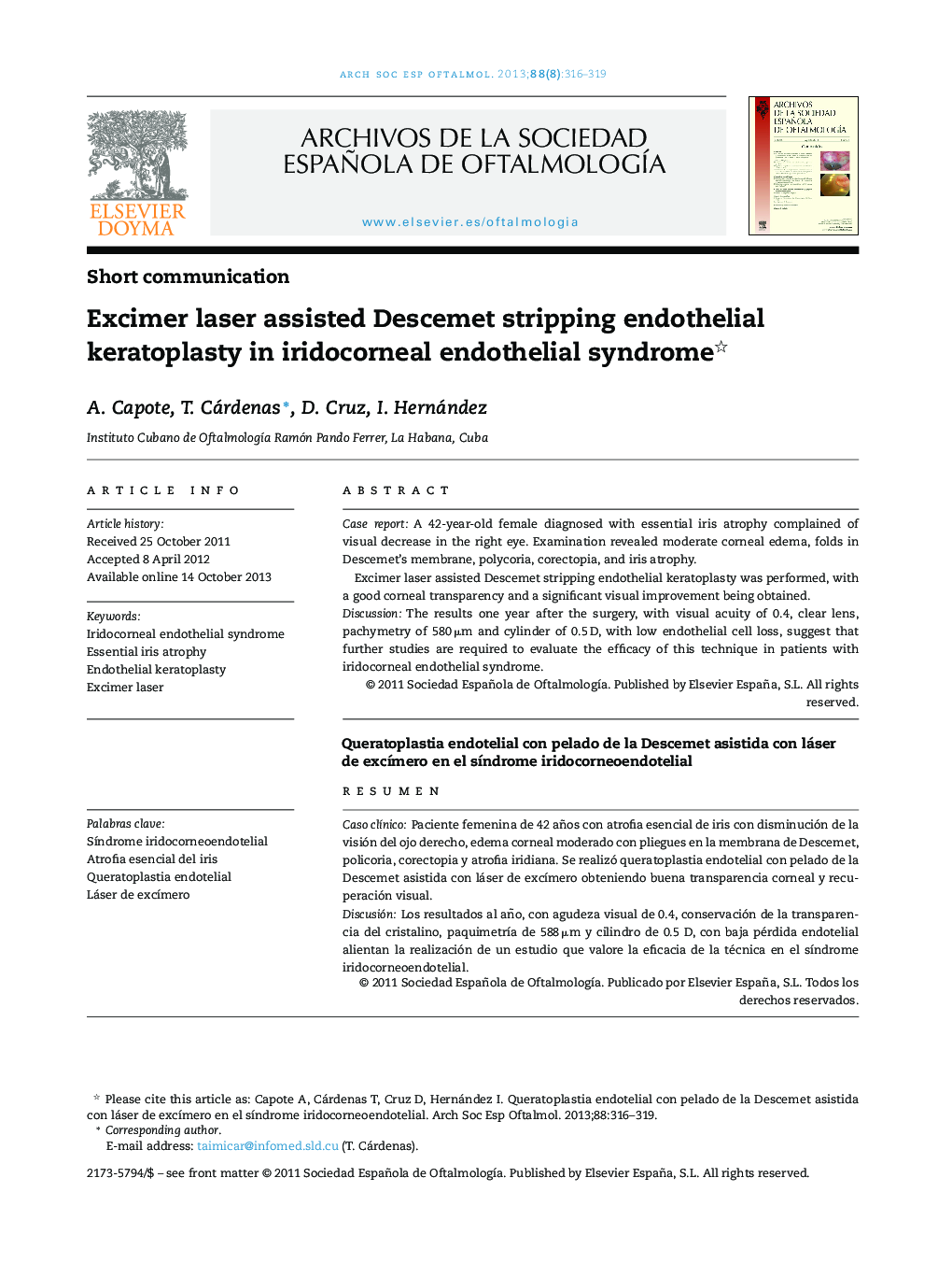 Excimer laser assisted Descemet stripping endothelial keratoplasty in iridocorneal endothelial syndrome 