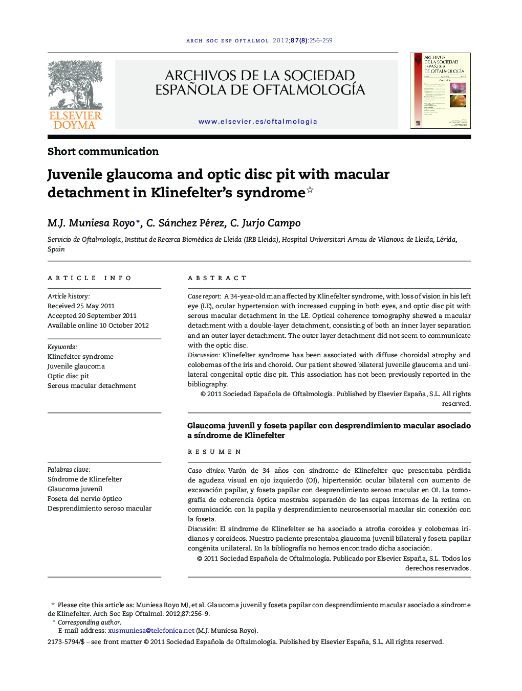 Juvenile glaucoma and optic disc pit with macular detachment in Klinefelter's syndrome 