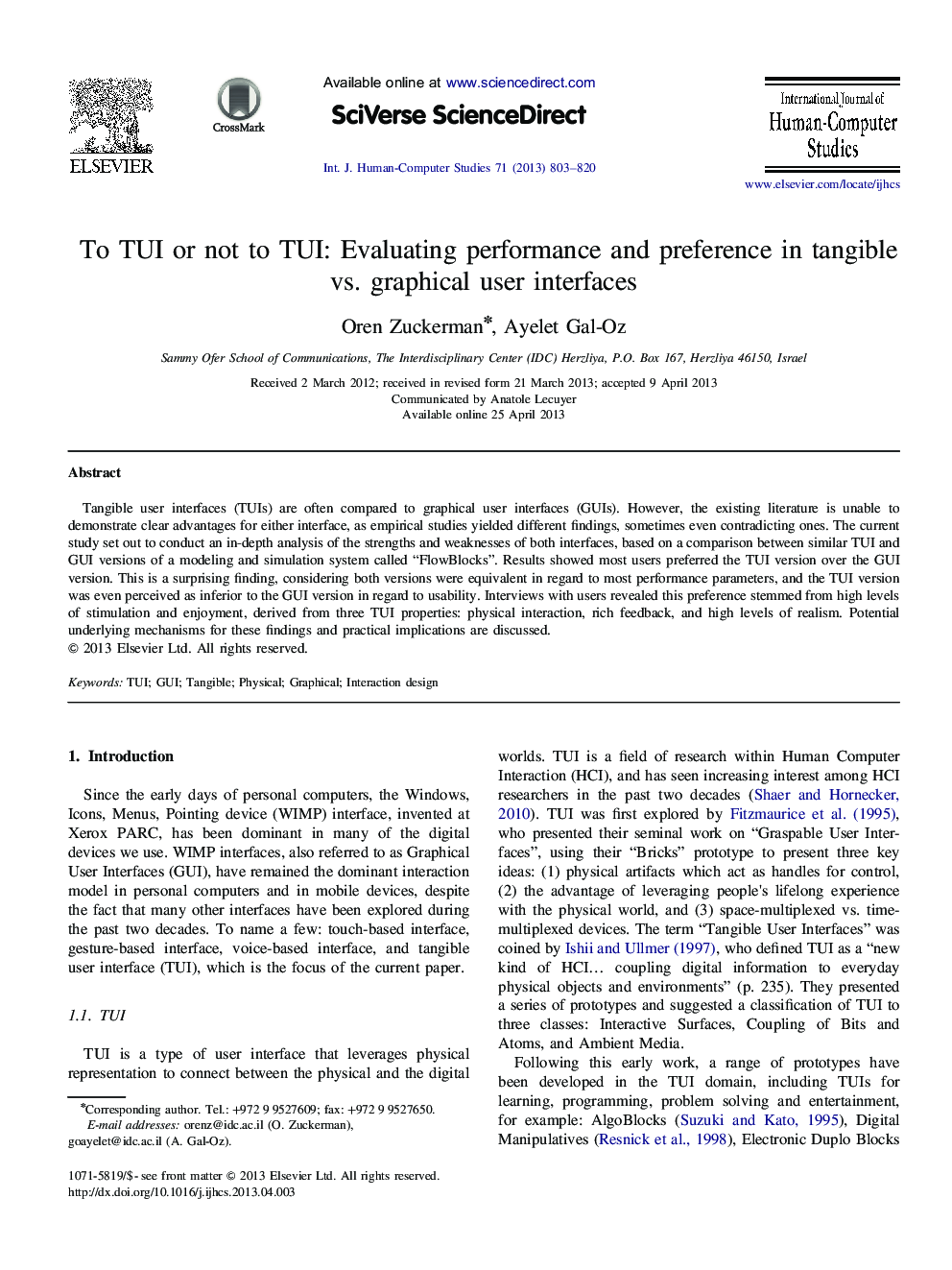 To TUI or not to TUI: Evaluating performance and preference in tangible vs. graphical user interfaces