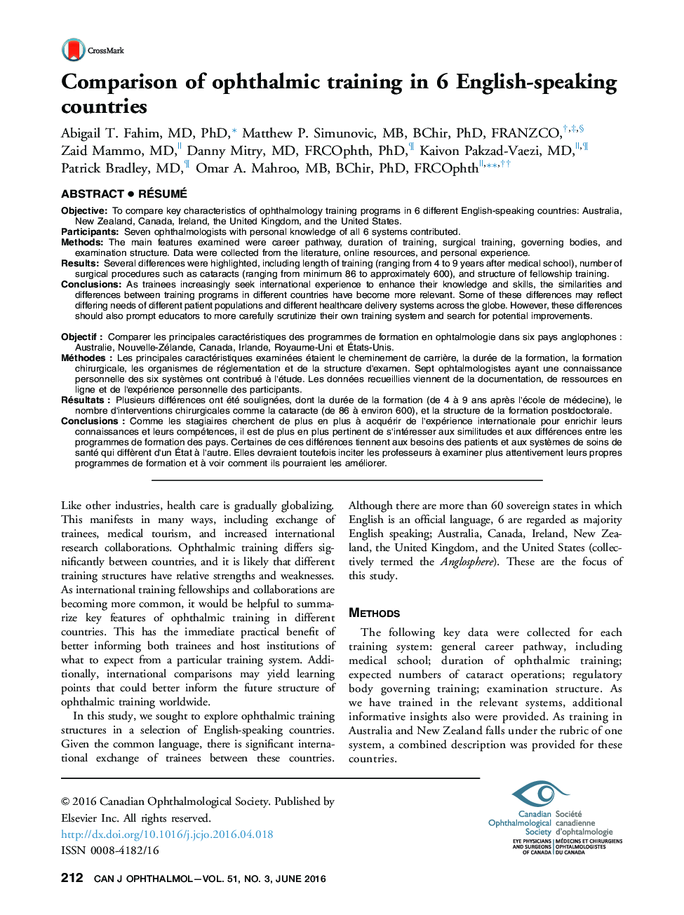 Comparison of ophthalmic training in 6 English-speaking countries