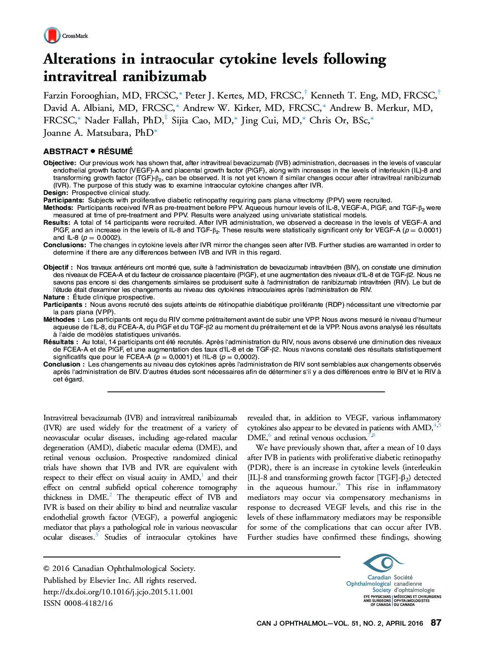 Alterations in intraocular cytokine levels following intravitreal ranibizumab