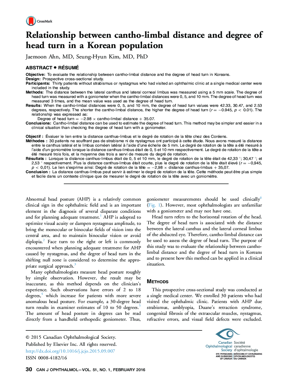 Relationship between cantho-limbal distance and degree of head turn in a Korean population