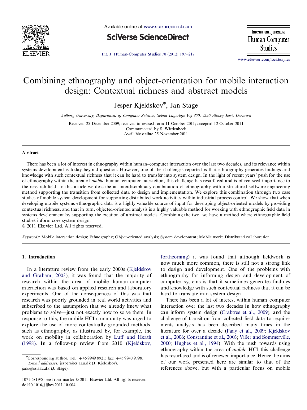 Combining ethnography and object-orientation for mobile interaction design: Contextual richness and abstract models