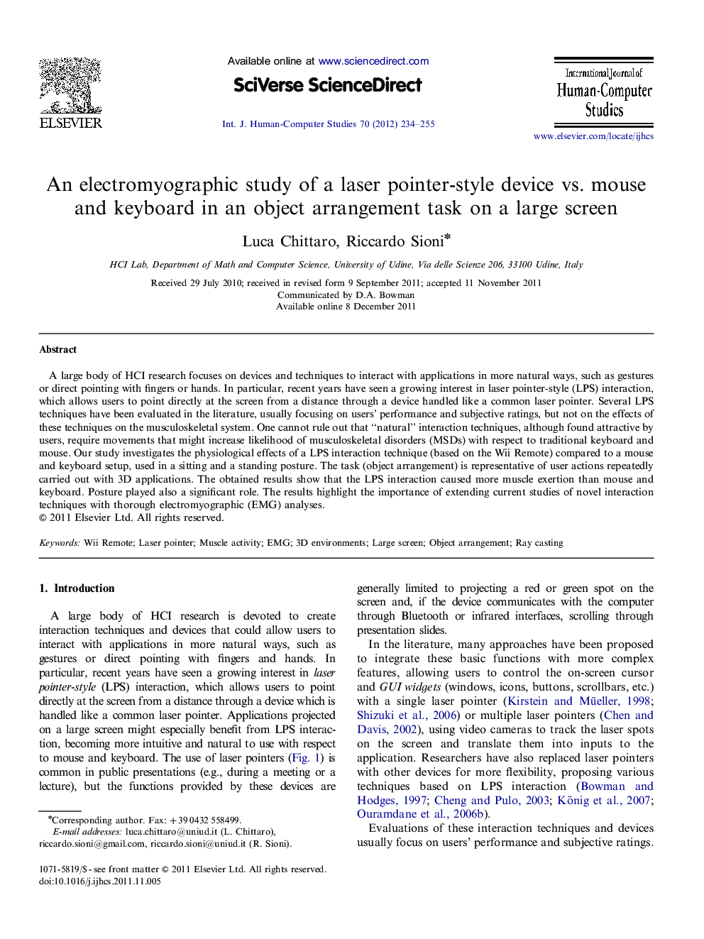 An electromyographic study of a laser pointer-style device vs. mouse and keyboard in an object arrangement task on a large screen