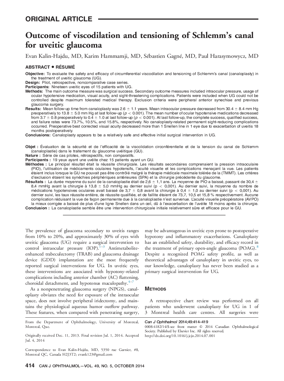 Outcome of viscodilation and tensioning of Schlemm’s canal for uveitic glaucoma