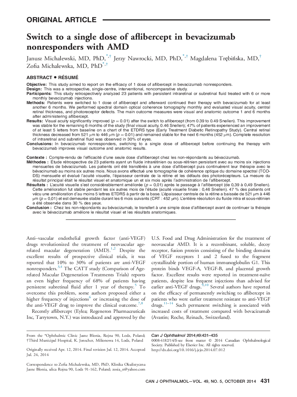 Switch to a single dose of aflibercept in bevacizumab nonresponders with AMD