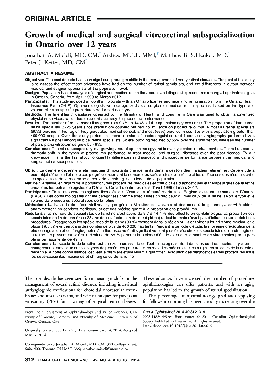 Growth of medical and surgical vitreoretinal subspecialization in Ontario over 12 years