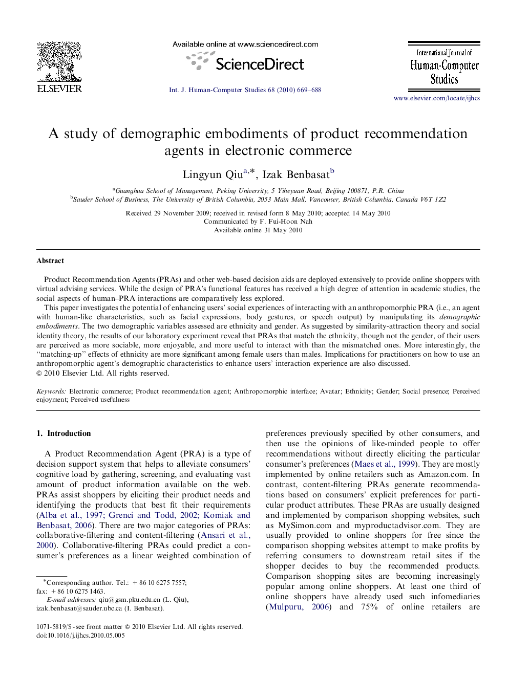 A study of demographic embodiments of product recommendation agents in electronic commerce