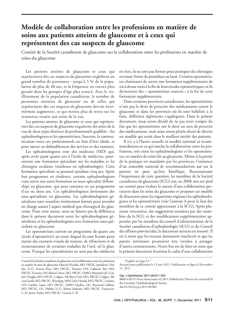 ModÃ¨le de collaboration entre les professions en matiÃ¨re de soins aux patients atteints de glaucome et Ã  ceux qui représentent des cas suspects de glaucome