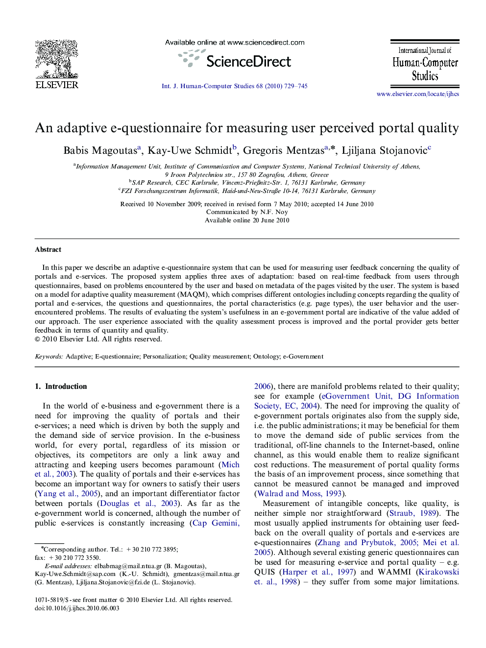 An adaptive e-questionnaire for measuring user perceived portal quality