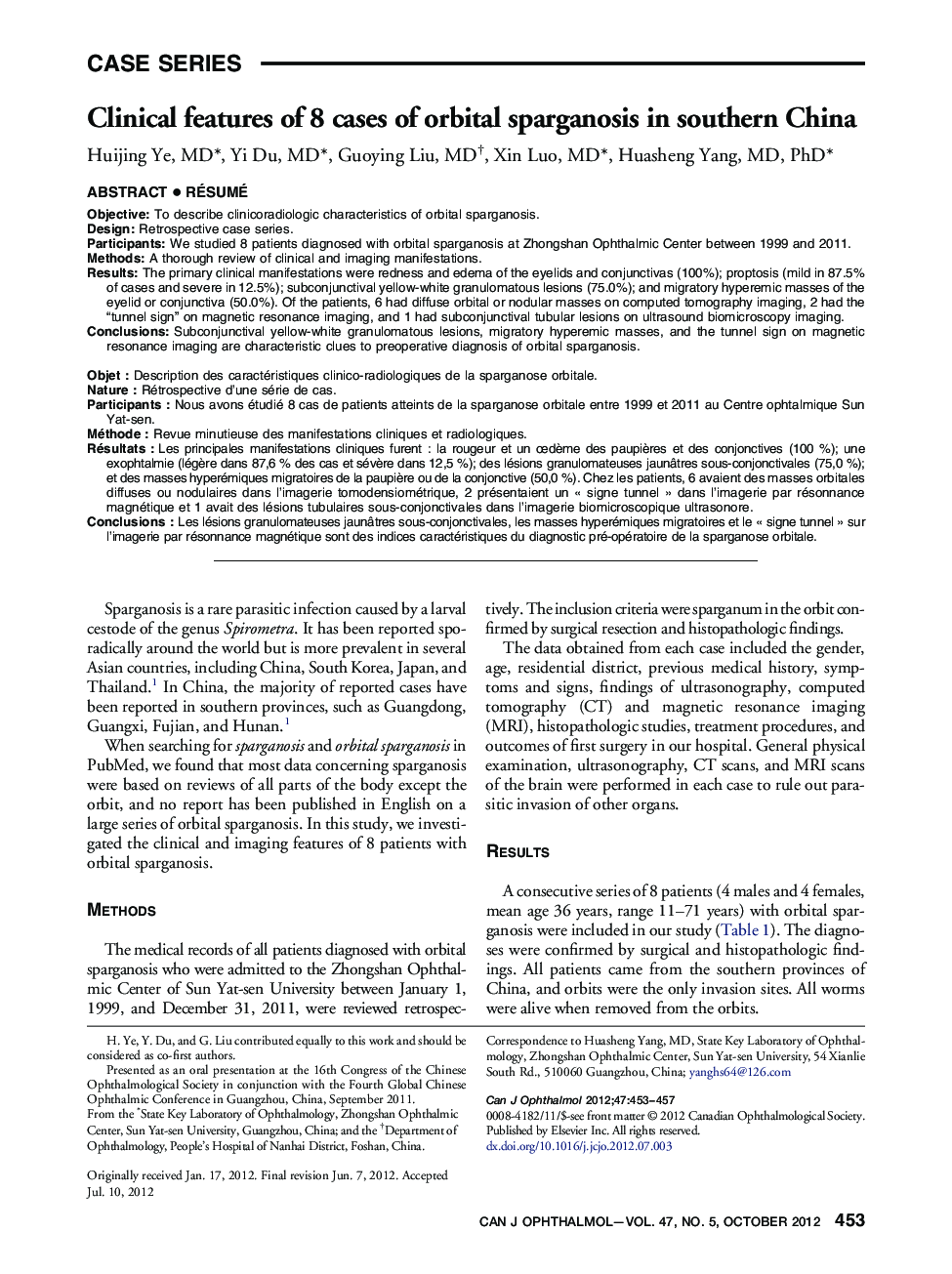 Clinical features of 8 cases of orbital sparganosis in southern China 