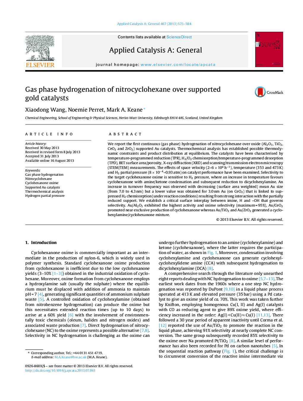 Gas phase hydrogenation of nitrocyclohexane over supported gold catalysts