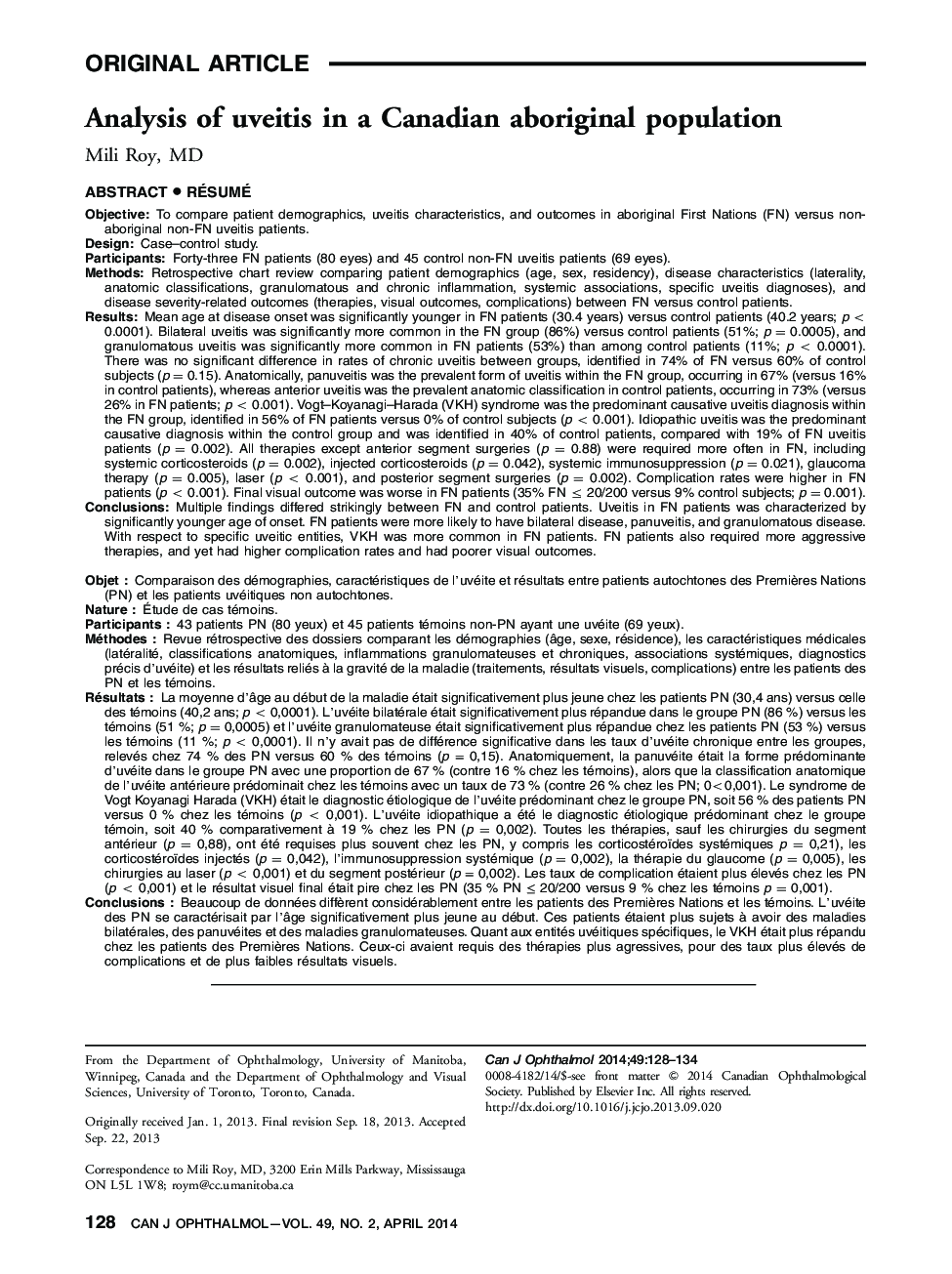 Analysis of uveitis in a Canadian aboriginal population