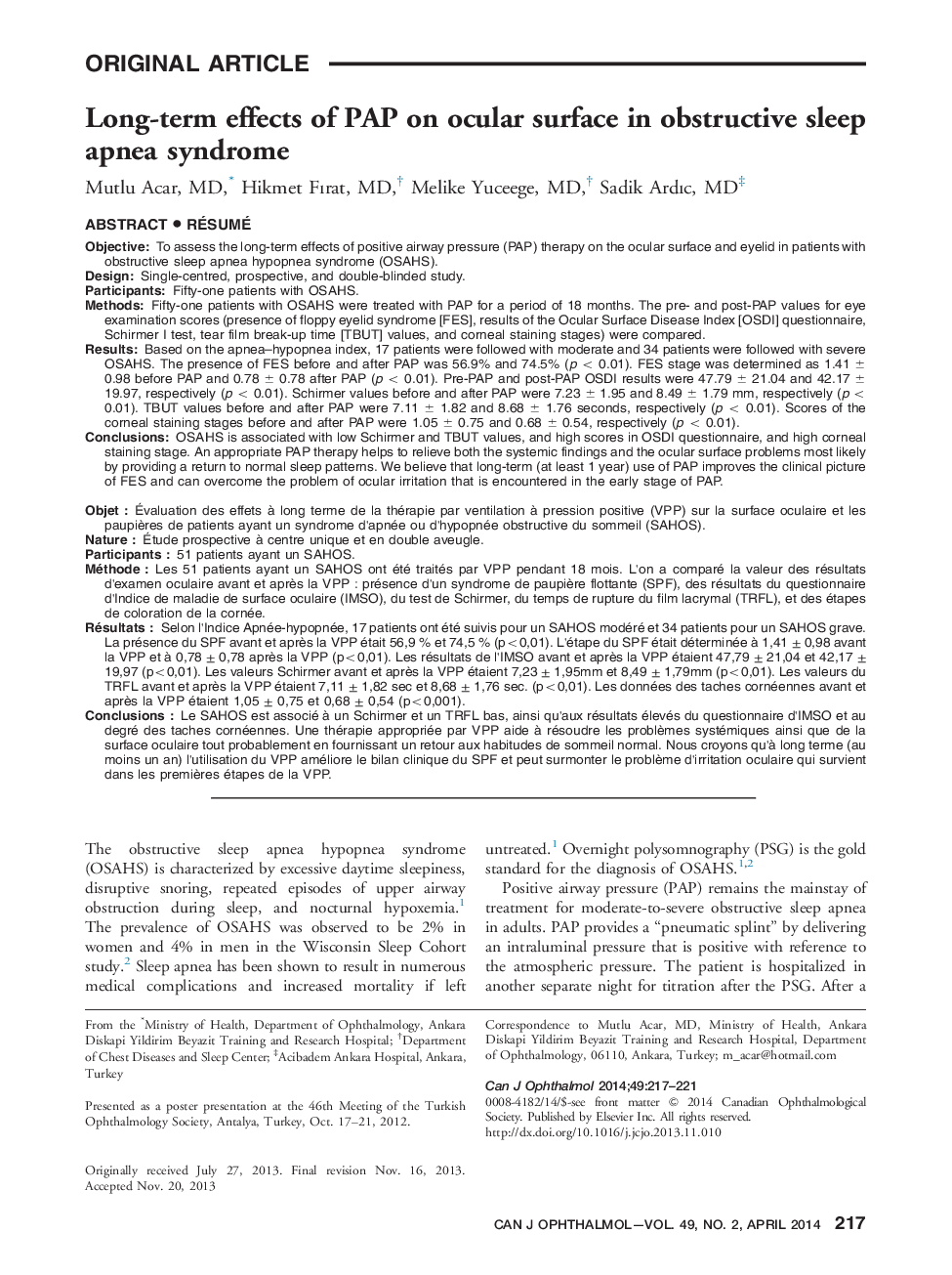 Long-term effects of PAP on ocular surface in obstructive sleep apnea syndrome 