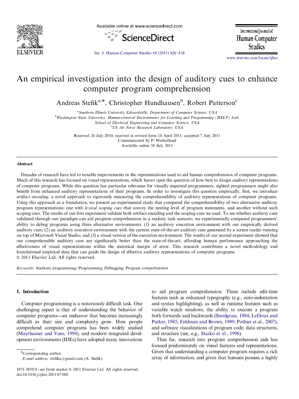 An empirical investigation into the design of auditory cues to enhance computer program comprehension