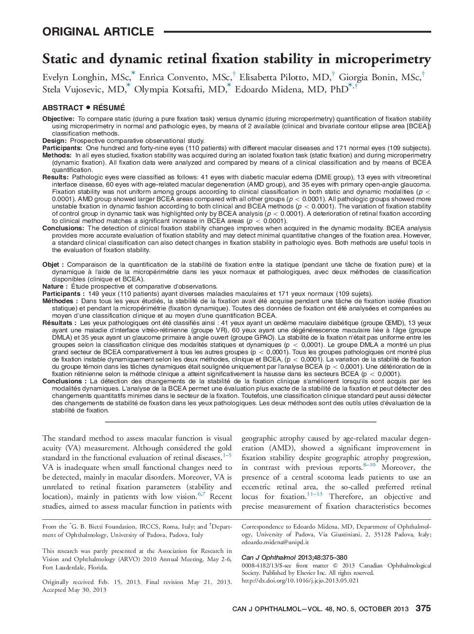 Static and dynamic retinal fixation stability in microperimetry 